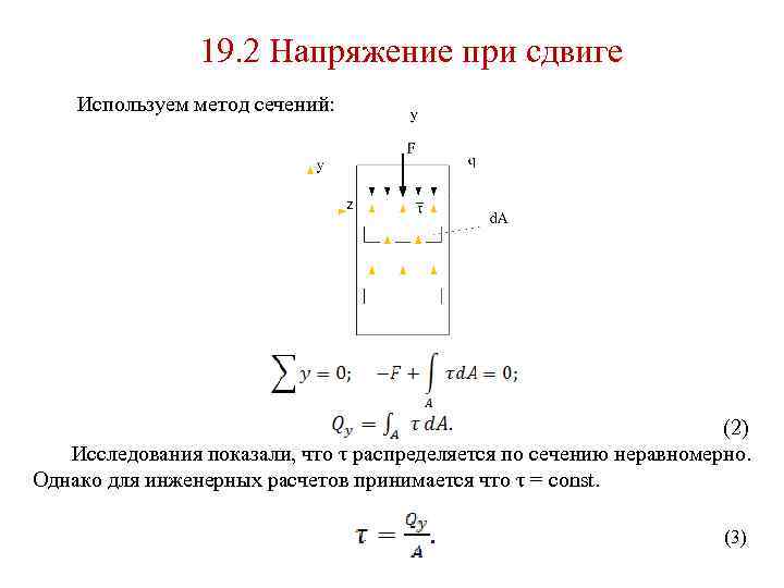 19. 2 Напряжение при сдвиге Используем метод сечений: (2) Исследования показали, что τ распределяется