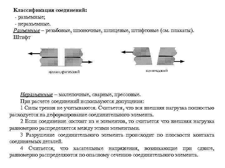 Классификация соединений: - разъемные; - неразъемные. Разъемные – резьбовые, шпоночные, шлицевые, штифтовые (см. плакаты).