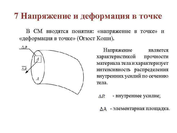 7 Напряжение и деформация в точке В СМ вводятся понятия: «напряжение в точке» и