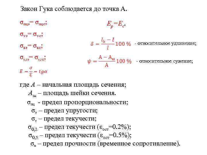 Закон Гука соблюдается до точка А. σ = σ ; ПЦ Р ПЦ С