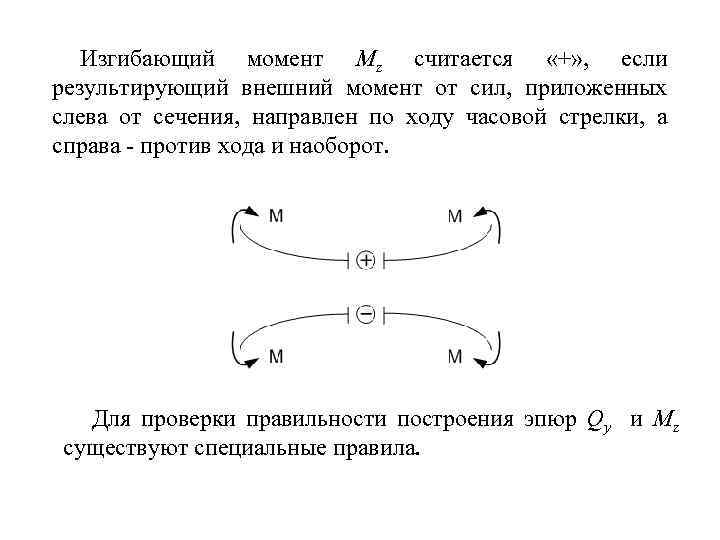 Изгибающий момент Mz считается «+» , если результирующий внешний момент от сил, приложенных слева