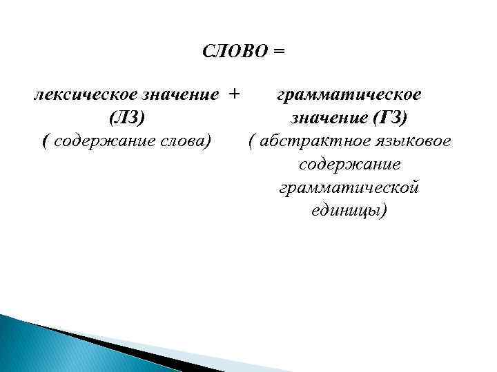 СЛОВО = лексическое значение + грамматическое (ЛЗ) значение (ГЗ) ( содержание слова) ( абстрактное