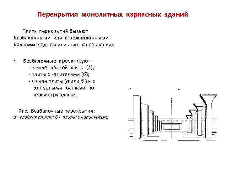 Перекрытия монолитных каркасных зданий Плиты перекрытий бывают безбалочными или с межколонными балками в одном