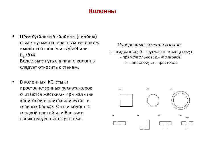 Колонны • • Прямоугольные колонны (пилоны) с вытянутым поперечным сечением имеют соотношения b/а<4 или