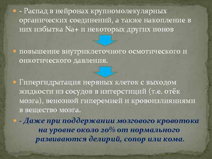  - Распад в нейронах крупномолекулярных органических соединений, а также накопление в них избытка