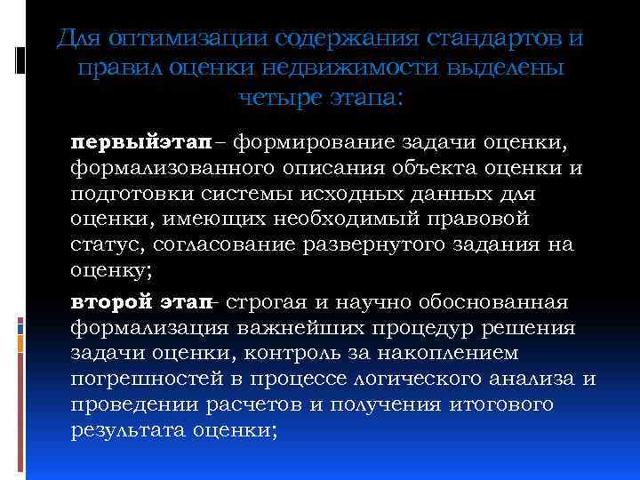Для оптимизации содержания стандартов и правил оценки недвижимости выделены четыре этапа: первыйэтап формирование задачи