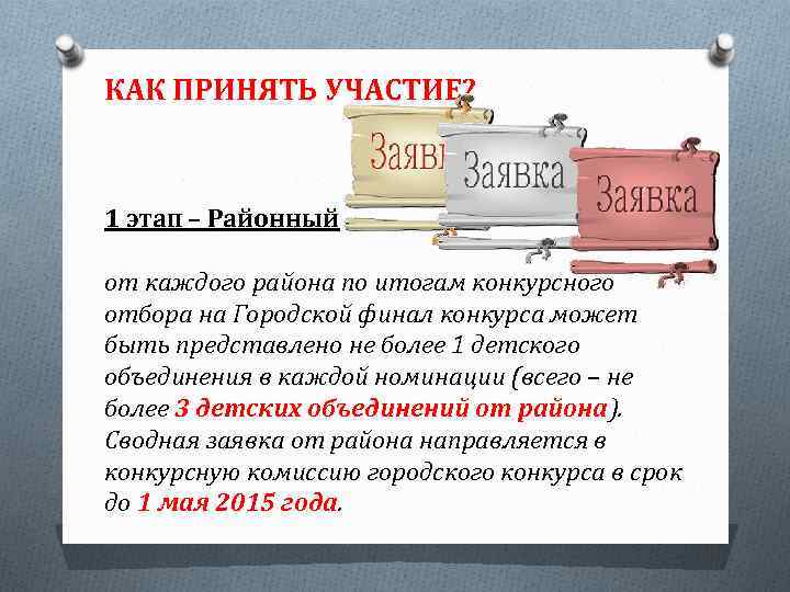 КАК ПРИНЯТЬ УЧАСТИЕ? 1 этап – Районный от каждого района по итогам конкурсного отбора