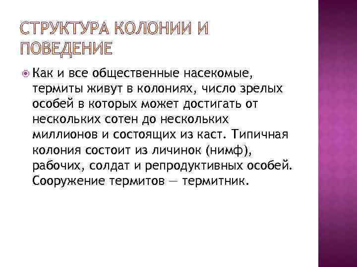  Как и все общественные насекомые, термиты живут в колониях, число зрелых особей в