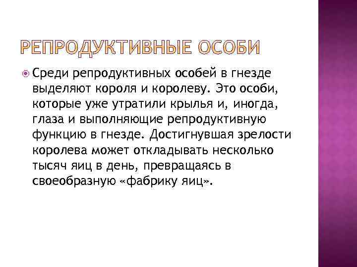  Среди репродуктивных особей в гнезде выделяют короля и королеву. Это особи, которые уже