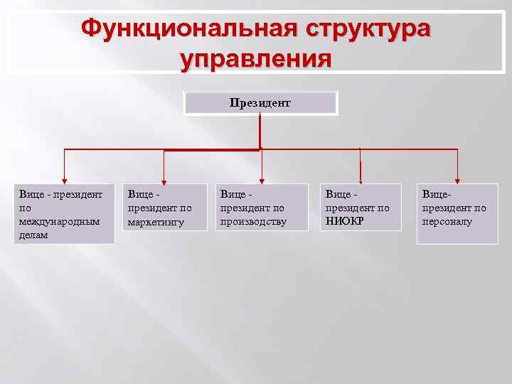 Функциональная структура управления Президент Вице - президент по международным делам Вице президент по маркетингу