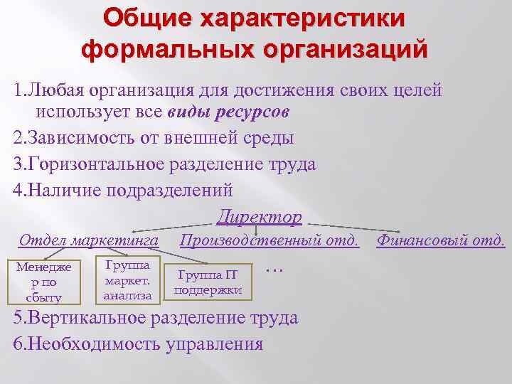 Общие характеристики формальных организаций 1. Любая организация для достижения своих целей использует все виды