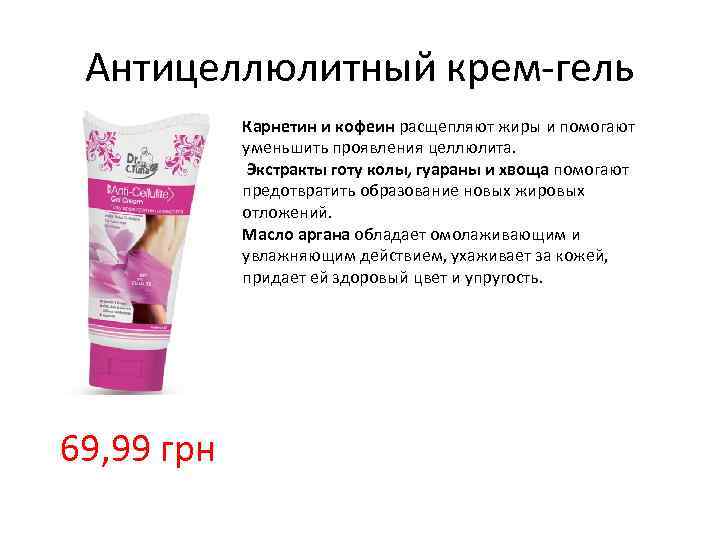 Антицеллюлитный крем-гель Карнетин и кофеин расщепляют жиры и помогают уменьшить проявления целлюлита. Экстракты готу