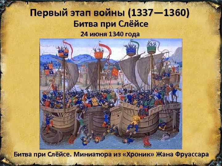 Первый этап войны (1337— 1360) Битва при Слёйсе 24 июня 1340 года Битва при