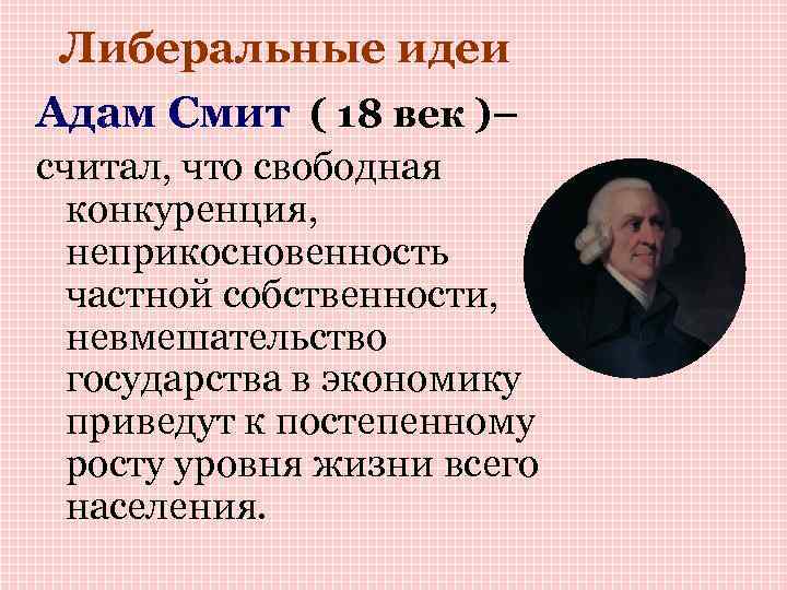 Либеральные идеи Адам Смит ( 18 век )– считал, что свободная конкуренция, неприкосновенность частной