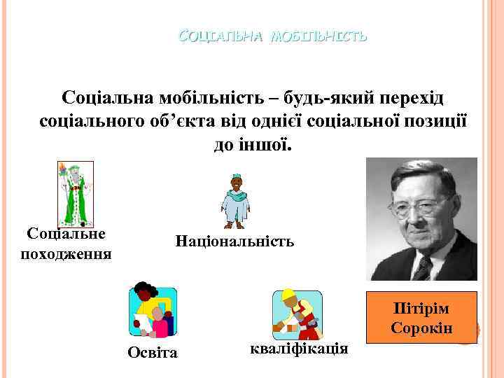 СОЦІАЛЬНА МОБІЛЬНІСТЬ Соціальна мобільність – будь-який перехід соціального об’єкта від однієї соціальної позиції до