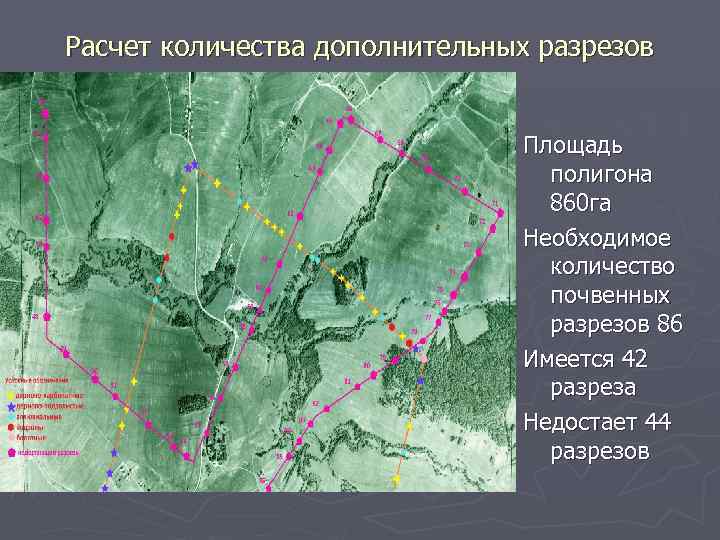 Расчет количества дополнительных разрезов Площадь полигона 860 га Необходимое количество почвенных разрезов 86 Имеется