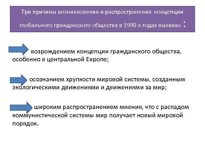 Три причины возникновения и распространения концепции глобального гражданского общества в 1990 -х годах вызвано
