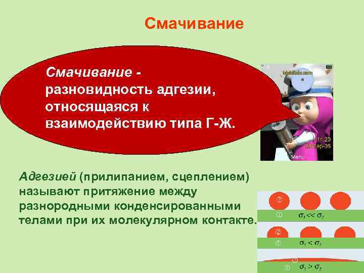 Смачивание разновидность адгезии, относящаяся к взаимодействию типа Г-Ж. Адгезией (прилипанием, сцеплением) называют притяжение между