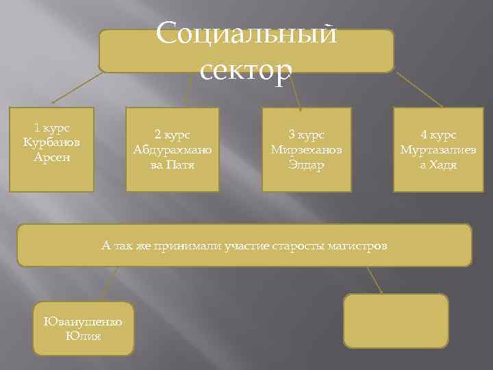 Социальный сектор 1 курс Курбанов Арсен 2 курс Абдурахмано ва Патя 3 курс Мирзеханов