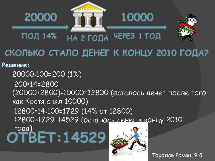 10000 20000 ПОД 14% НА 2 ГОДА ЧЕРЕЗ 1 ГОД СКОЛЬКО СТАЛО ДЕНЕГ К