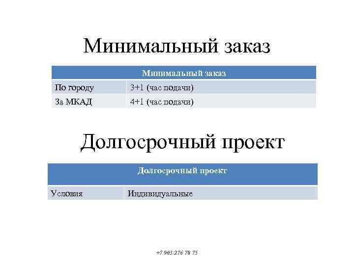 Минимальный заказ По городу 3+1 (час подачи) За МКАД 4+1 (час подачи) Долгосрочный проект