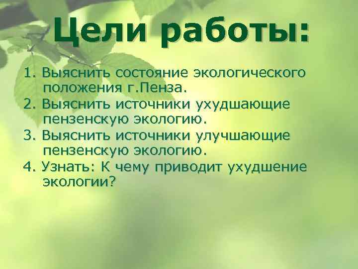 Цели работы: 1. Выяснить состояние экологического положения г. Пенза. 2. Выяснить источники ухудшающие пензенскую