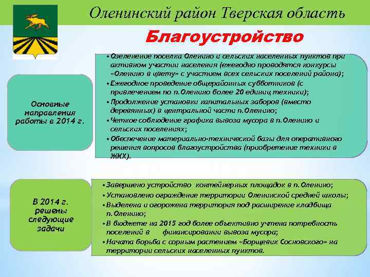 Оленинский район Тверская область Благоустройство Основные направления работы в 2014 г. В 2014 г.