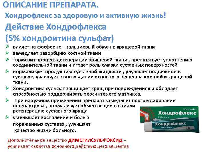 ОПИСАНИЕ ПРЕПАРАТА. Хондрофлекс за здоровую и активную жизнь! Действие Хондрофлекса (5% хондроитина сульфат) Ø