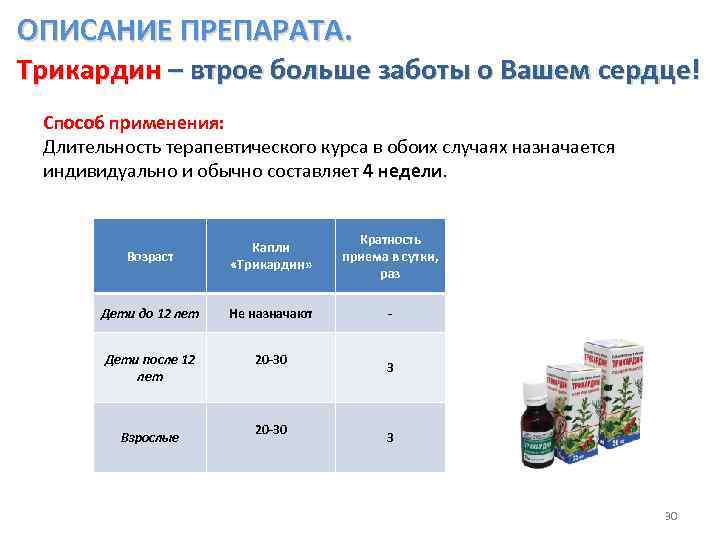  ОПИСАНИЕ ПРЕПАРАТА. Трикардин – втрое больше заботы о Вашем сердце! Способ применения: Длительность