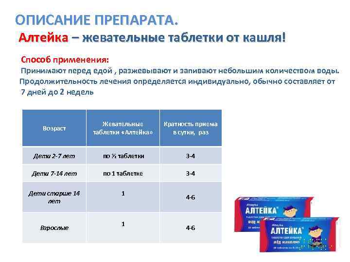 ОПИСАНИЕ ПРЕПАРАТА. Алтейка – жевательные таблетки от кашля! Способ применения: Принимают перед едой ,