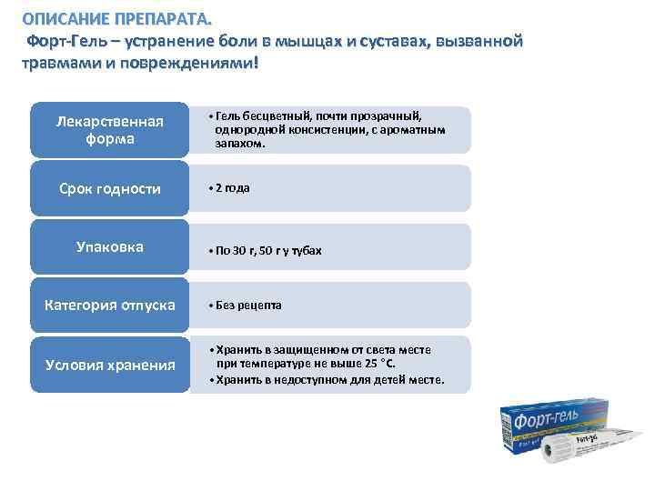 ОПИСАНИЕ ПРЕПАРАТА. Форт-Гель – устранение боли в мышцах и суставах, вызванной травмами и повреждениями!