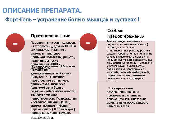 ОПИСАНИЕ ПРЕПАРАТА. Форт-Гель – устранение боли в мышцах и суставах ! - Противопоказания Повышенная