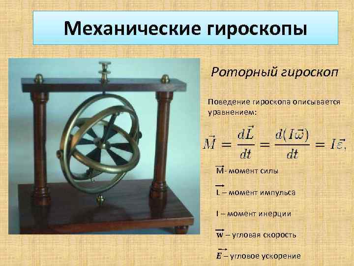 Механические гироскопы Роторный гироскоп Поведение гироскопа описывается уравнением: M- момент силы L – момент