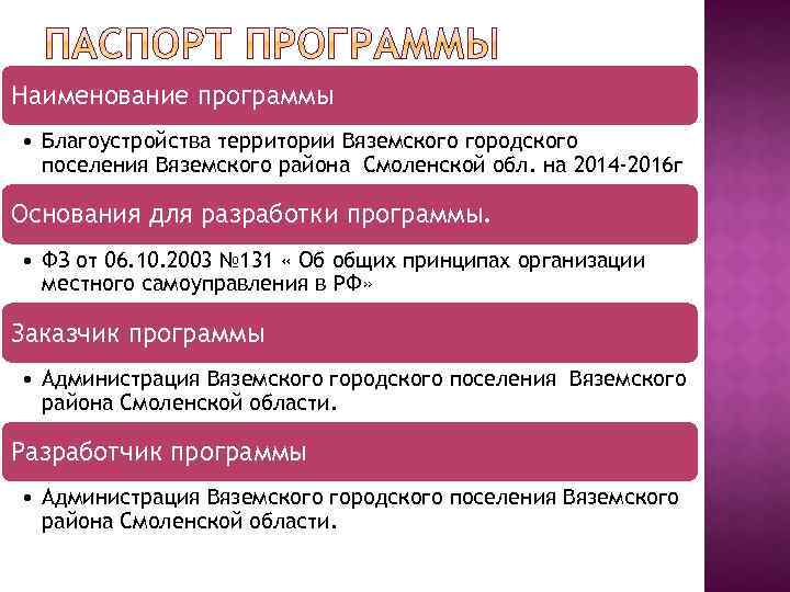 Наименование программы • Благоустройства территории Вяземского городского поселения Вяземского района Смоленской обл. на 2014