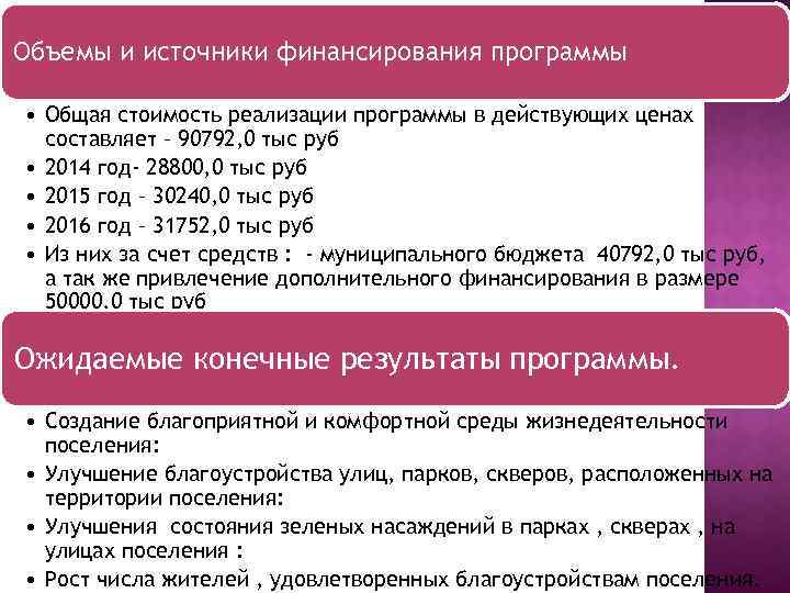 Объемы и источники финансирования программы • Общая стоимость реализации программы в действующих ценах составляет