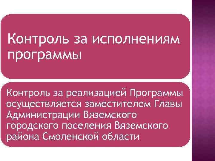 Контроль за исполнениям программы Контроль за реализацией Программы осуществляется заместителем Главы Администрации Вяземского городского