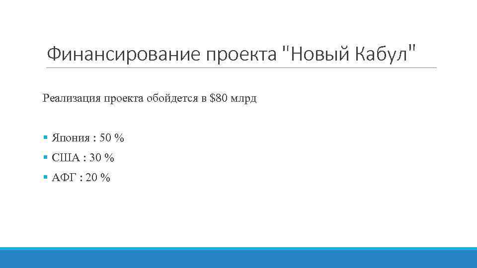 Финансирование проекта "Новый Кабул" Реализация проекта обойдется в $80 млрд § Япония : 50