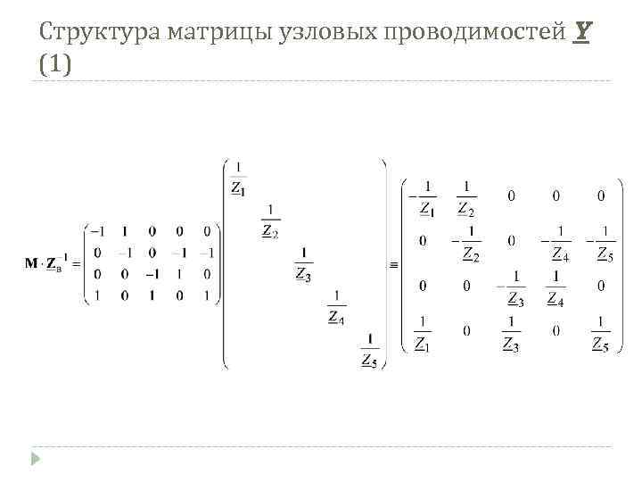 Структура матрицы узловых проводимостей Y (1) 
