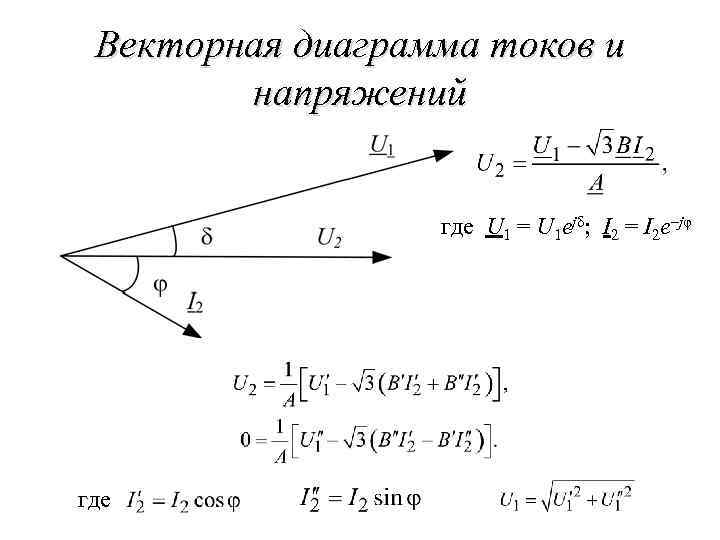 Векторная диаграмма токов и напряжений где U 1 = U 1 ejδ; I 2