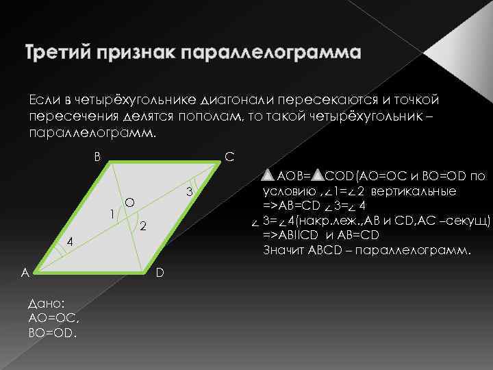 Третий признак параллелограмма Если в четырёхугольнике диагонали пересекаются и точкой пересечения делятся пополам, то