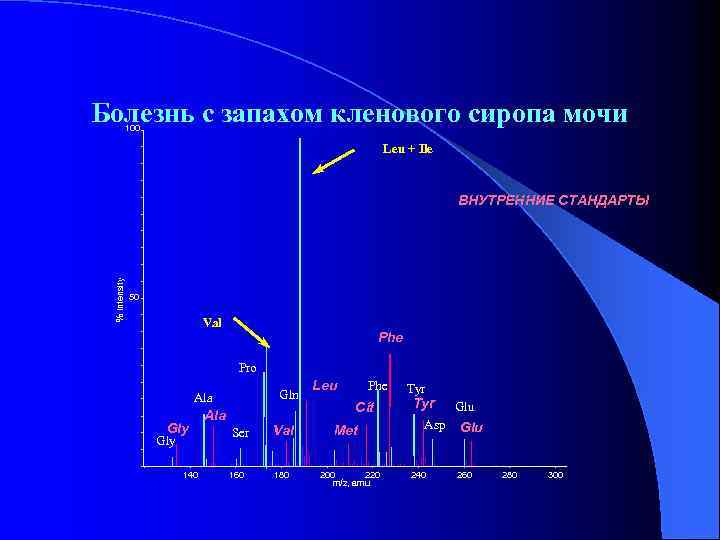 Болезнь с запахом кленового сиропа мочи 100 Leu + Ile % Intensity ВНУТРЕННИЕ СТАНДАРТЫ