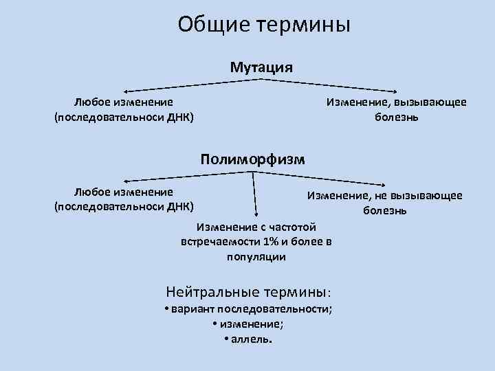 Общие термины Мутация Любое изменение (последовательноси ДНК) Изменение, вызывающее болезнь Полиморфизм Любое изменение (последовательноси