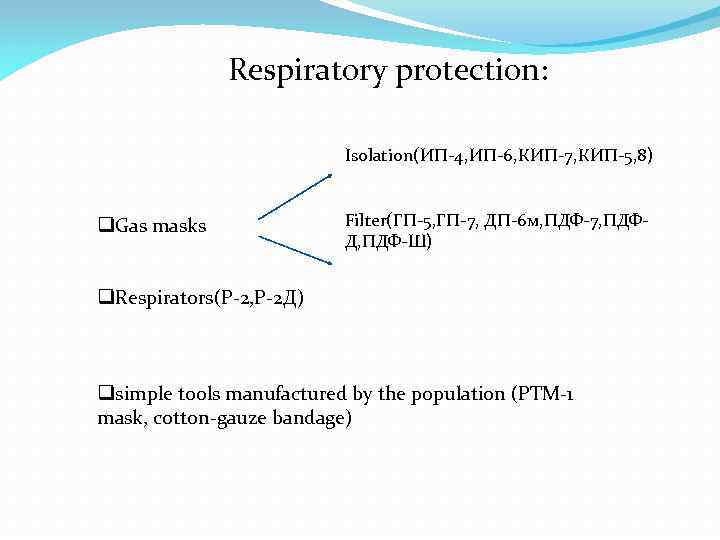 Respiratory protection: Isolation(ИП-4, ИП-6, КИП-7, КИП-5, 8) q. Gas masks Filter(ГП-5, ГП-7, ДП-6 м,
