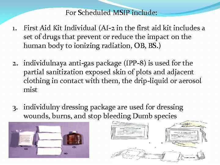 For Scheduled MSIP include: 1. First Aid Kit Individual (AI-2 in the first aid