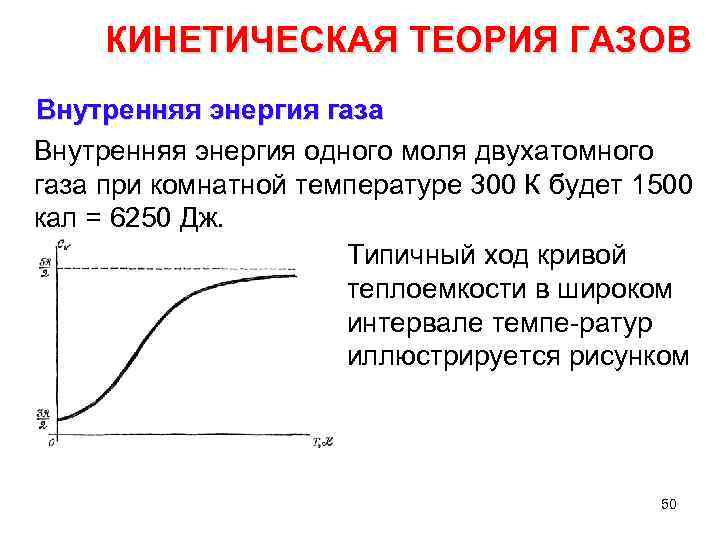 КИНЕТИЧЕСКАЯ ТЕОРИЯ ГАЗОВ Внутренняя энергия газа Внутренняя энергия одного моля двухатомного газа при комнатной