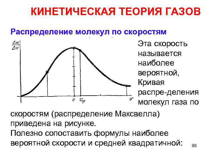 КИНЕТИЧЕСКАЯ ТЕОРИЯ ГАЗОВ Распределение молекул по скоростям Эта скорость называется наиболее вероятной, Кривая распре