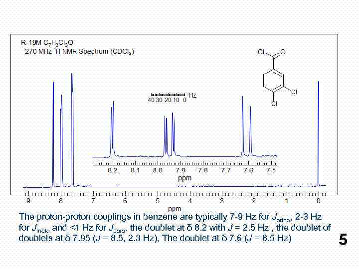 The proton-proton couplings in benzene are typically 7 -9 Hz for Jortho, 2 -3