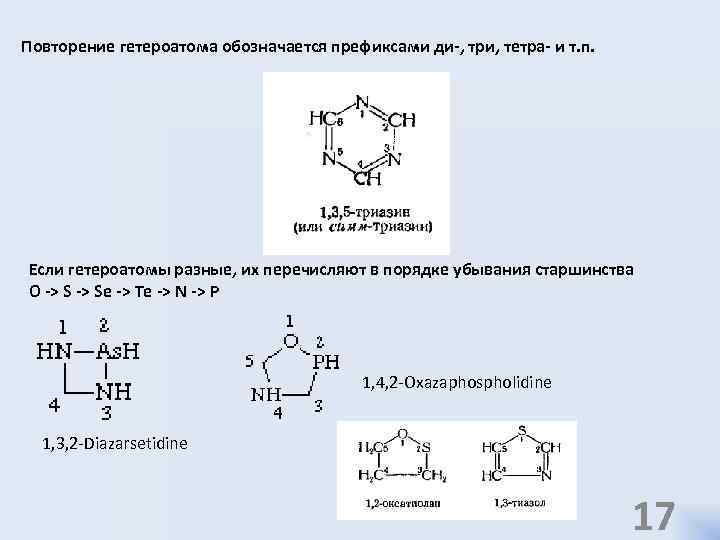 Повторение гетероатома обозначается префиксами ди-, три, тетра- и т. п. Если гетероатомы разные, их