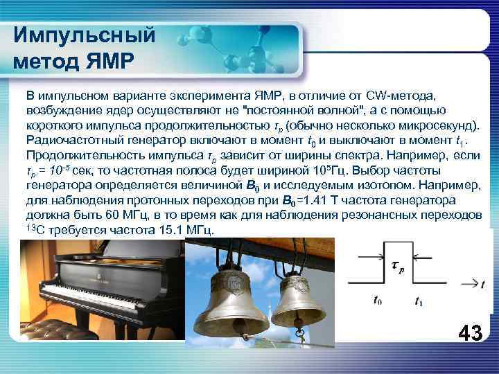 Импульсный метод ЯМР В импульсном варианте эксперимента ЯМР, в отличие от CW-метода, возбуждение ядер