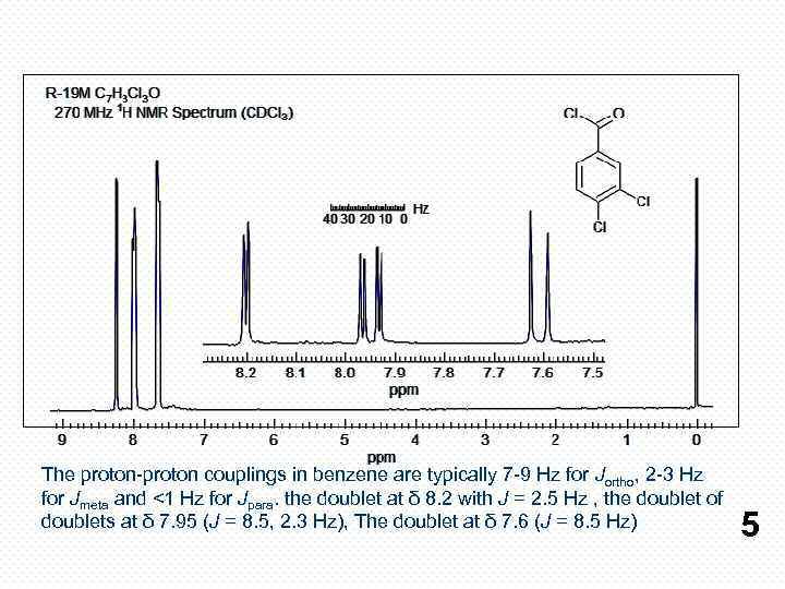 The proton-proton couplings in benzene are typically 7 -9 Hz for Jortho, 2 -3